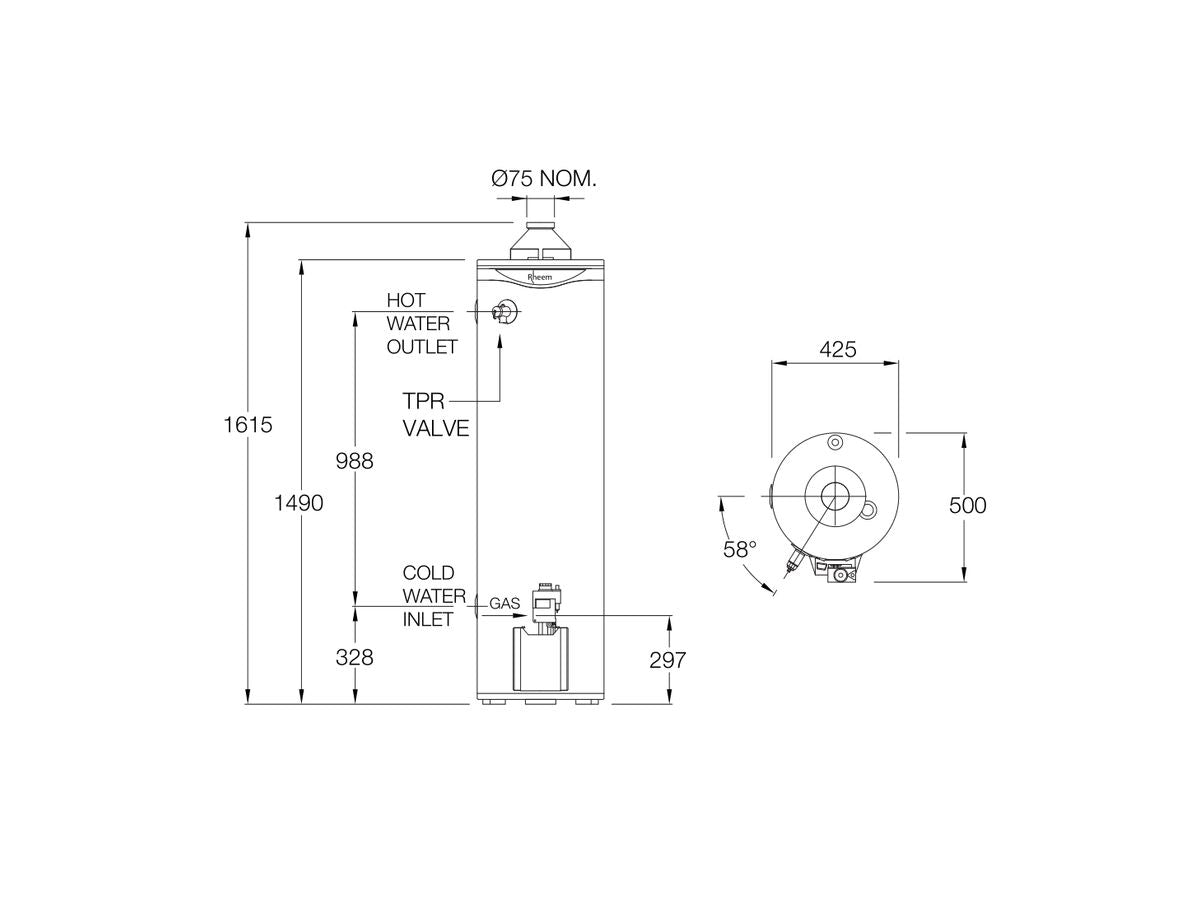 Rheem 135L Gas Indoor Water Heater - Propane